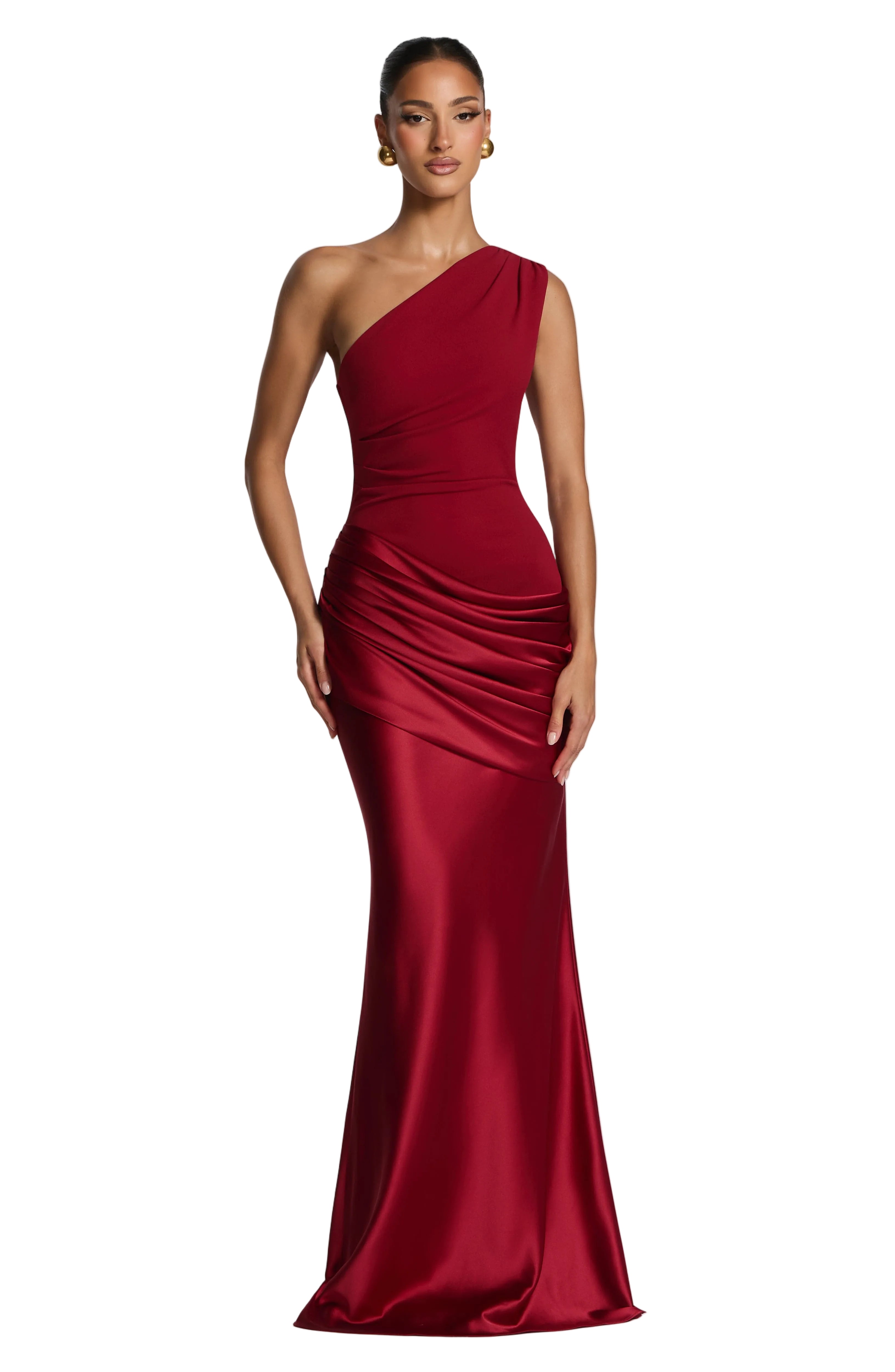 Women's One-Shoulder Maxi Dress with Draped Hip and Glossy Skirt Trevinae Women's One-Shoulder Maxi Dress with Draped Hip and Glossy Skirt Trevinae