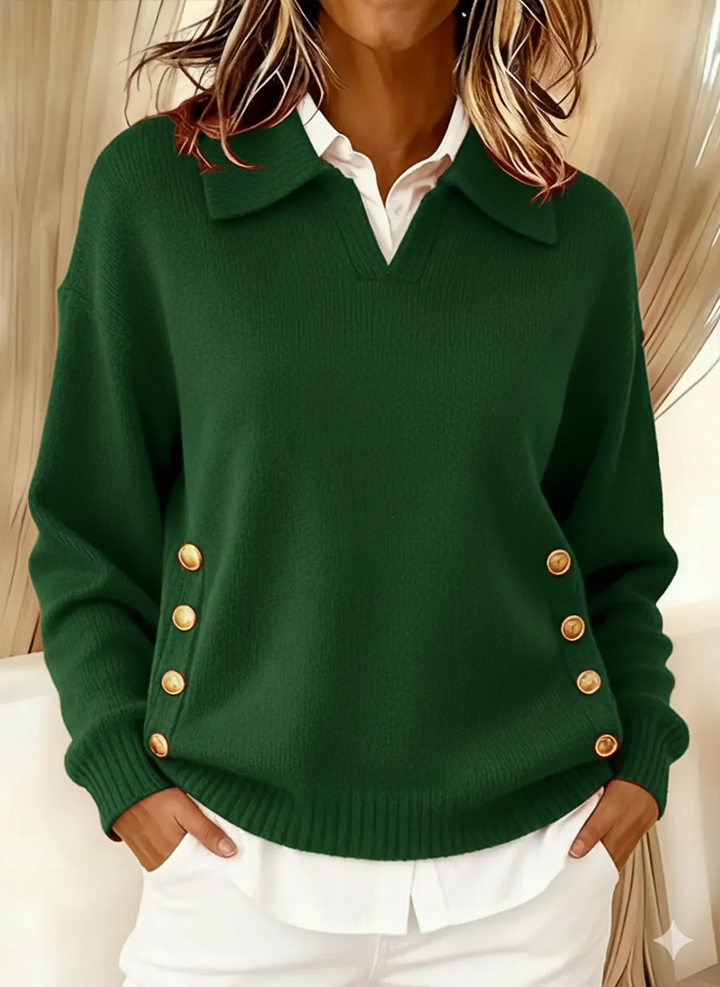 Woman wearing V-neck sweater with collar and gold buttons