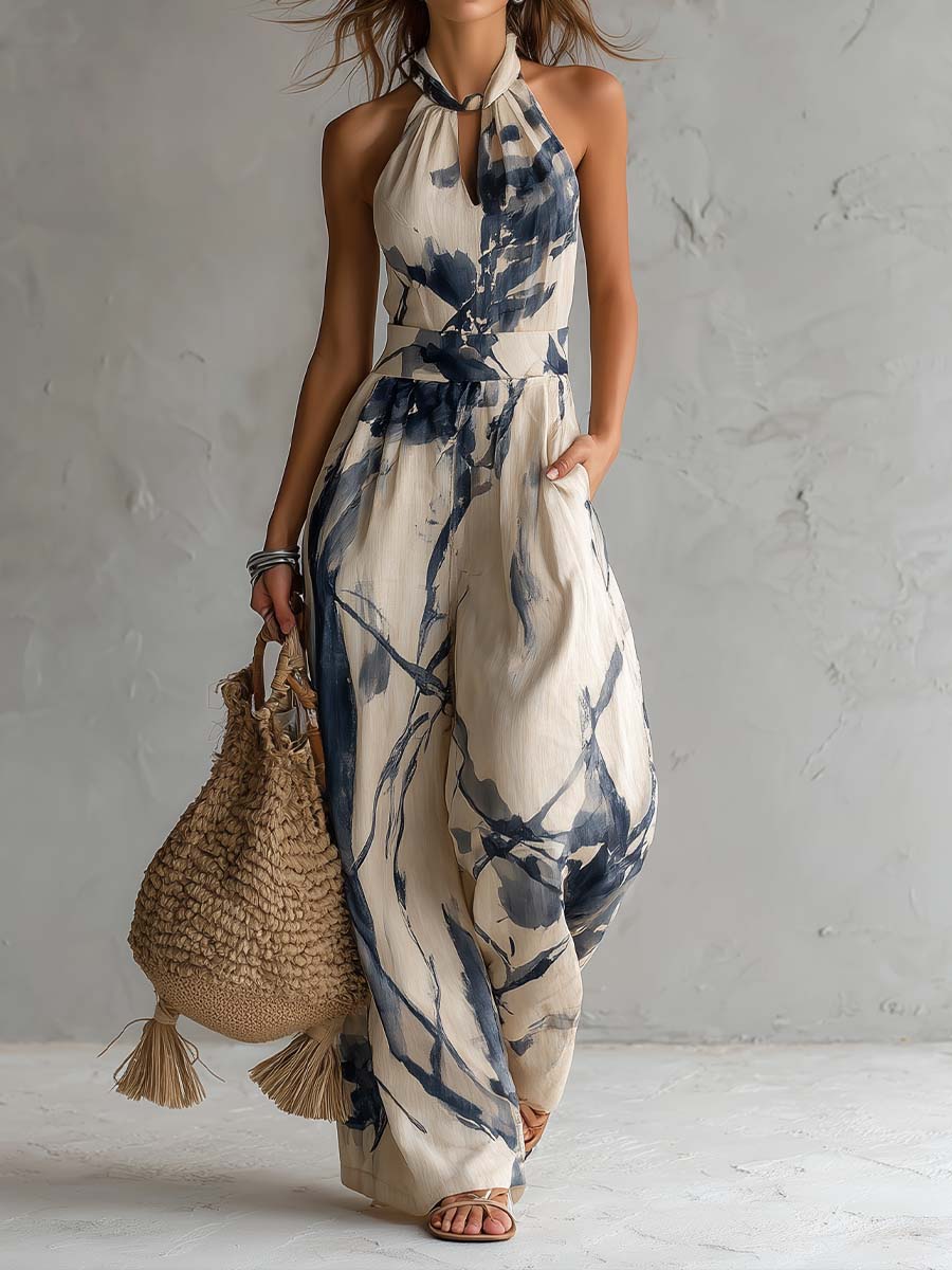 Adriana | Abstract Wide-Leg Halter Jumpsuit