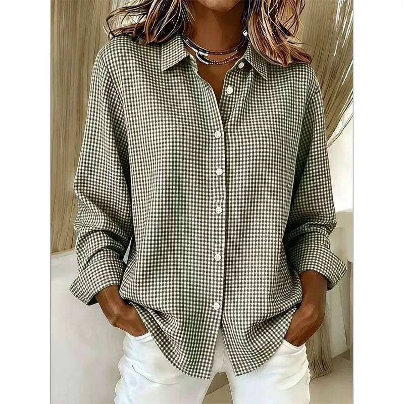 Woman wearing gingham check button-up blouse with long sleeves