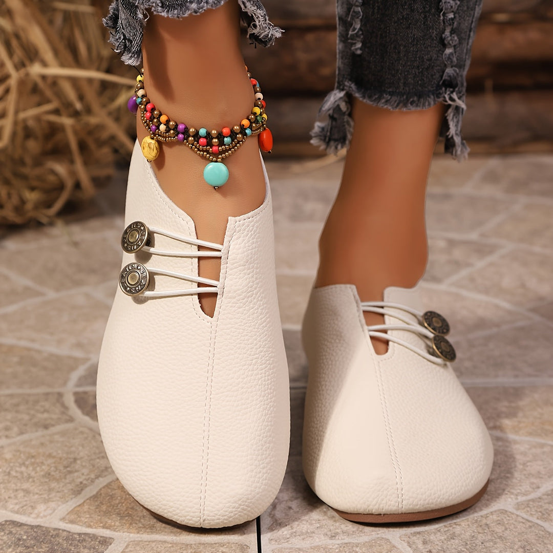Nadine | Women's Flat Shoes Slip-On Ornament Button Elastic Panel Everyday Casual Flats