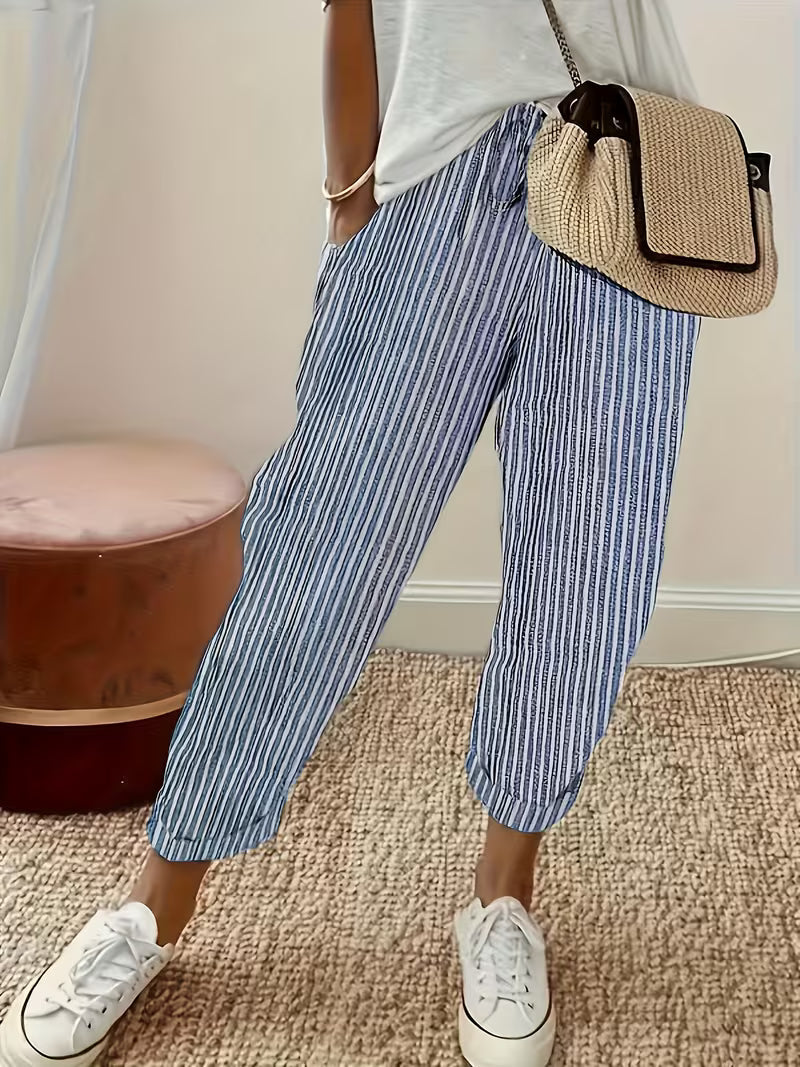 Marley | Women's Trousers Striped Wide Leg Drawstring Waist Cuffed Ankle Summer Casual Pants