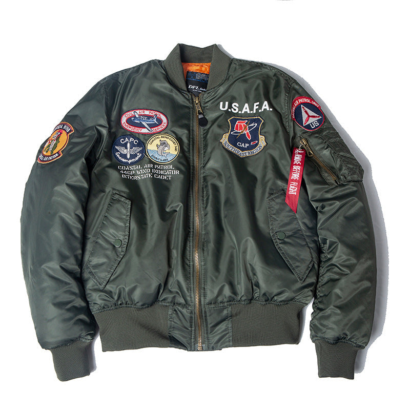 Men wearing loose fit zip front bomber jacket