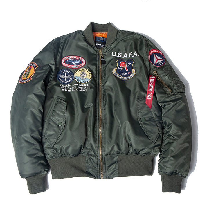 Men wearing loose fit zip front bomber jacket