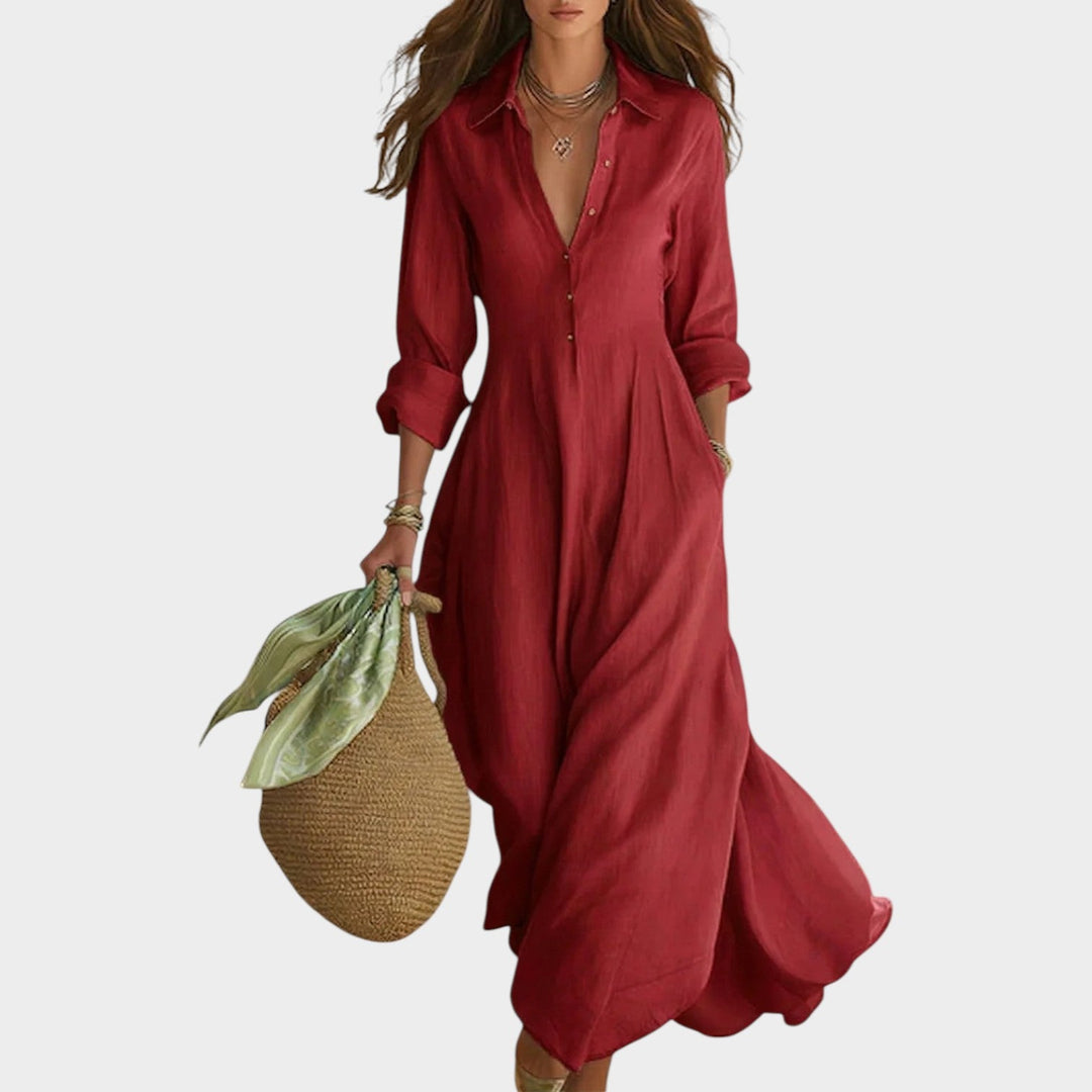 Woman wearing button-front maxi dress with long sleeves