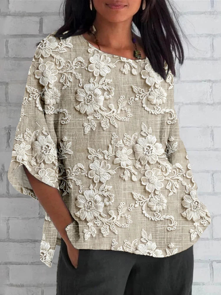 Miriam | Women's Blouse Floral Applique Boat Neck Three-Quarter Sleeve Everyday Casual Top