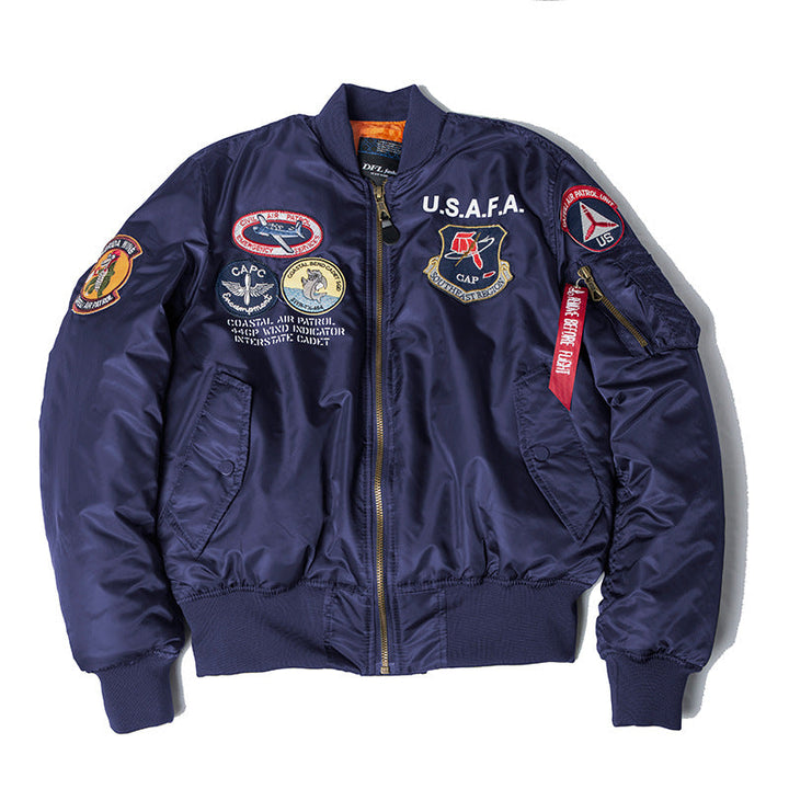 Men wearing loose fit zip front bomber jacket