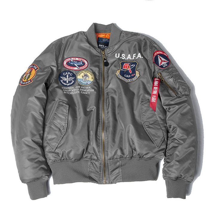 Men wearing loose fit zip front bomber jacket