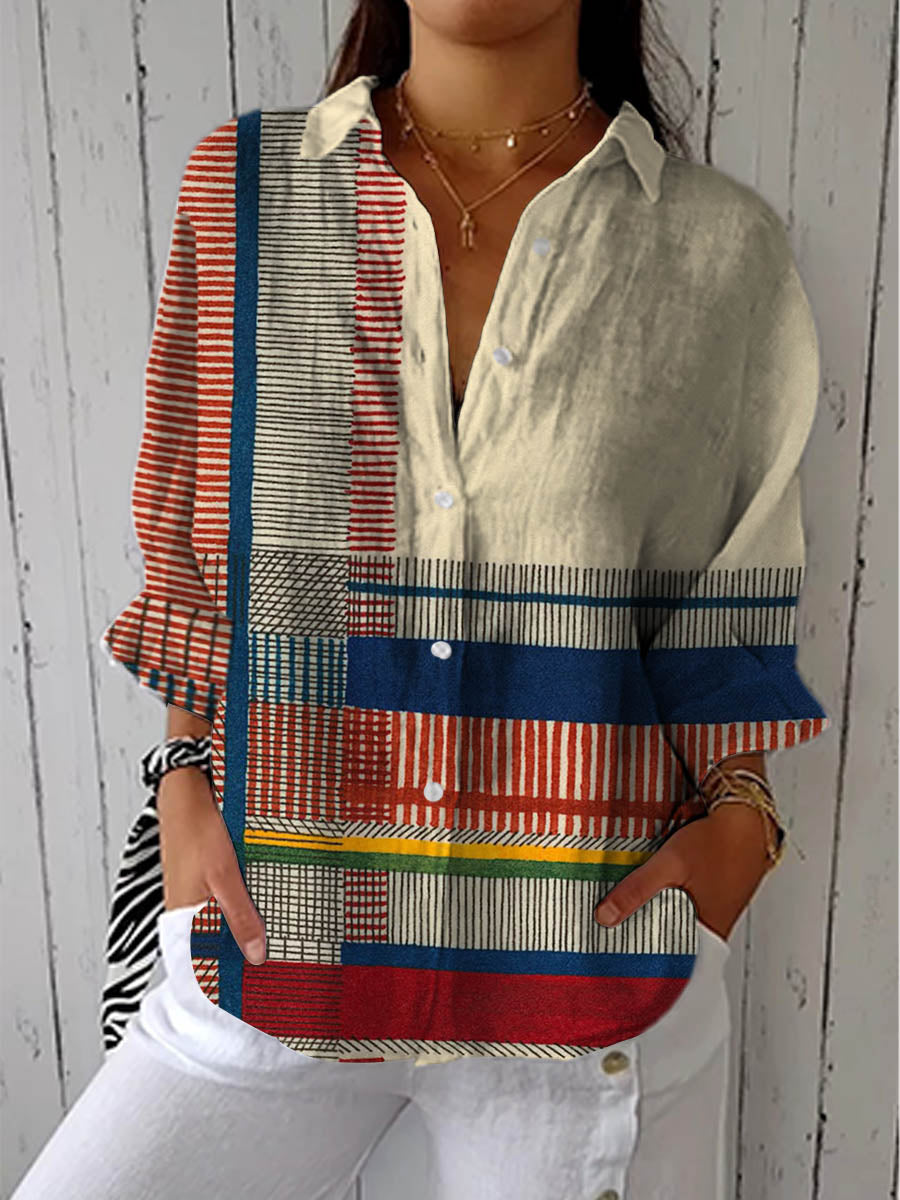 Debra | Women's Blouse Patchwork Print Collared Button Front Relaxed Fit Everyday Casual Top