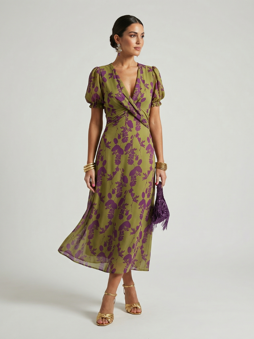 Violet | Floral Wrap Short-Sleeve Midi Dress