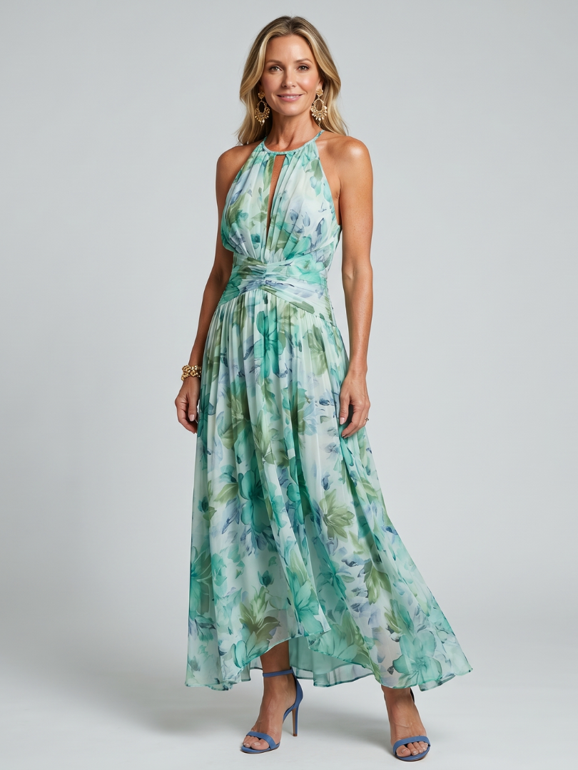Octavia | Floral Pleated Halter Midi Dress
