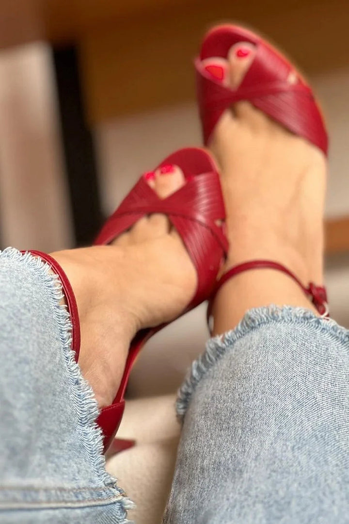 Red stiletto heel sandal with braided detail