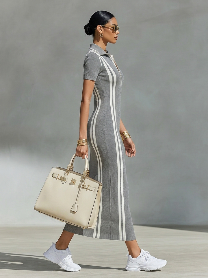 Bodycon maxi dress with zip polo collar and side stripes