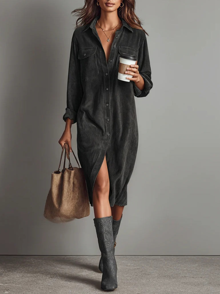 Woman wearing relaxed midi shirt dress with pockets