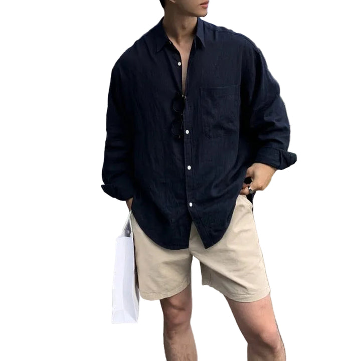 Men's Long Sleeve Button-Front Shirt with Spread Collar and Chest Pocket