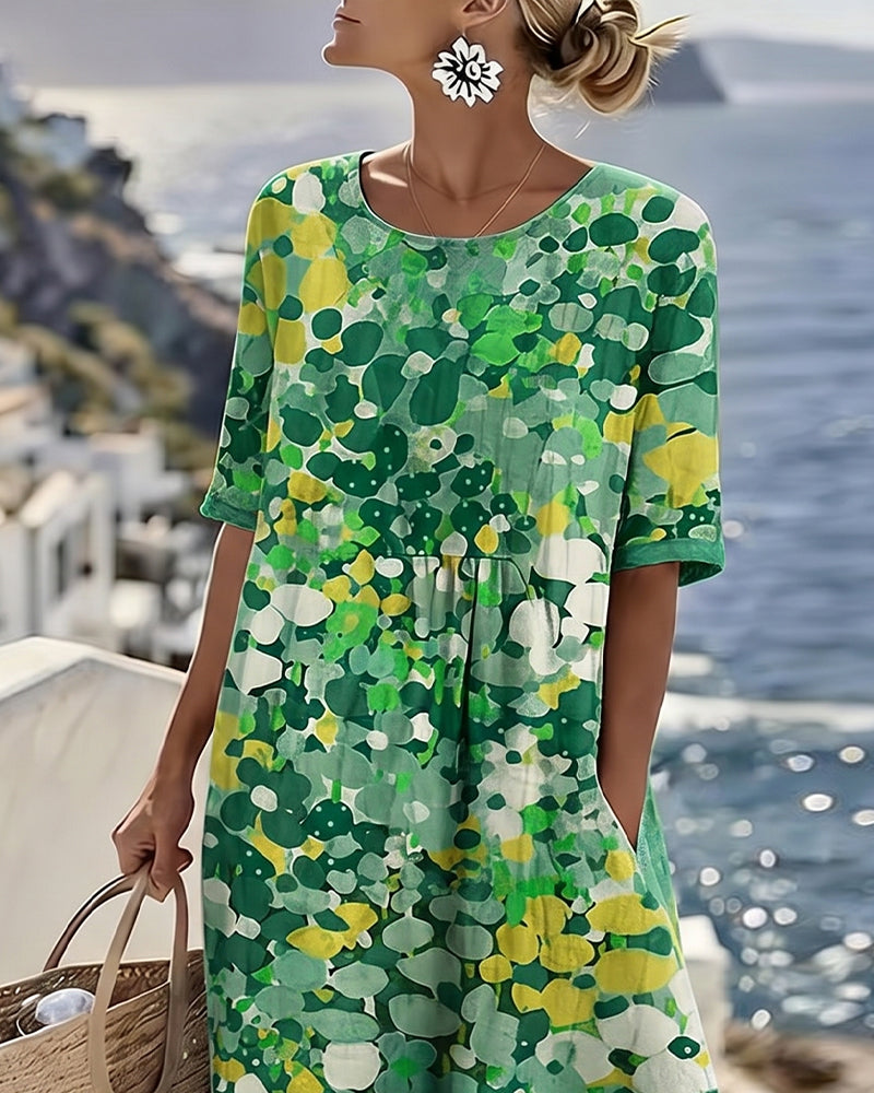 Woman wearing abstract floral print midi dress with short sleeves