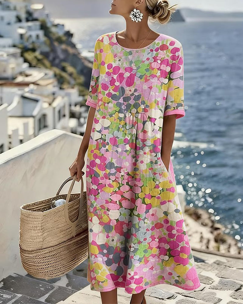 Woman wearing abstract floral print midi dress with short sleeves