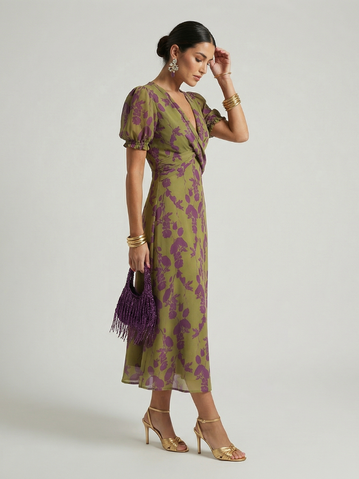 Violet | Floral Wrap Short-Sleeve Midi Dress
