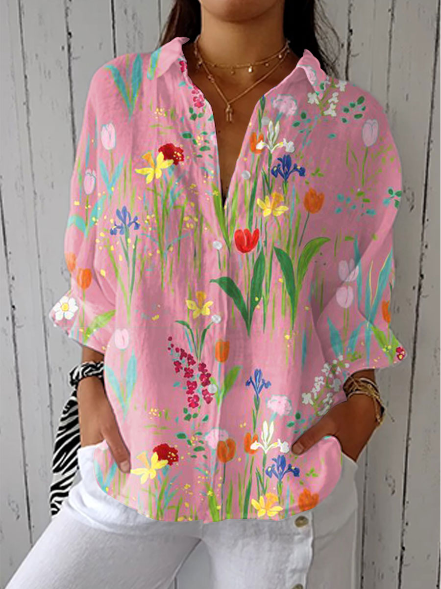 Judith | Women's Blouse Floral Print V-Neck Roll Sleeve Relaxed Fit Summer Casual Top