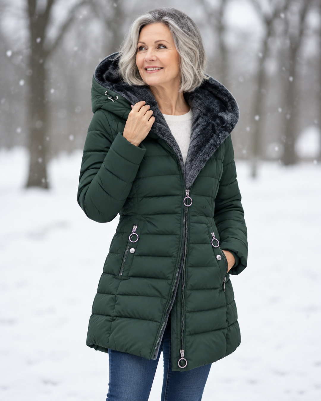 Woman wearing quilted winter coat with hood outdoors
