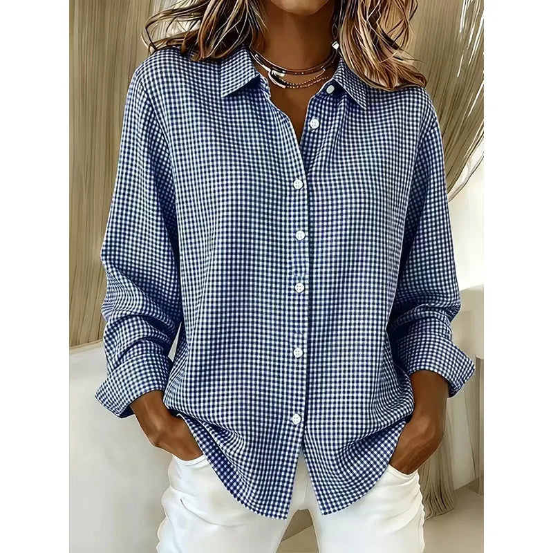 Woman wearing gingham check button-up blouse with long sleeves
