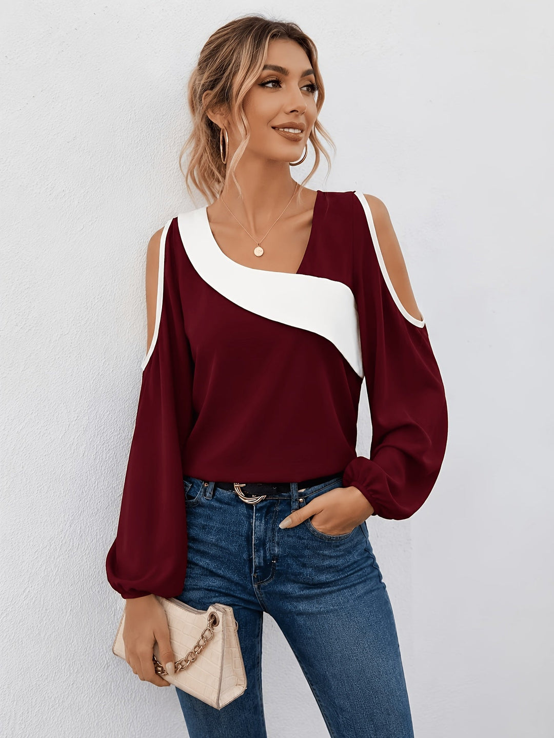 Annette | Women's Top Cold Shoulder Color Block Relaxed Fit Summer Casual Top