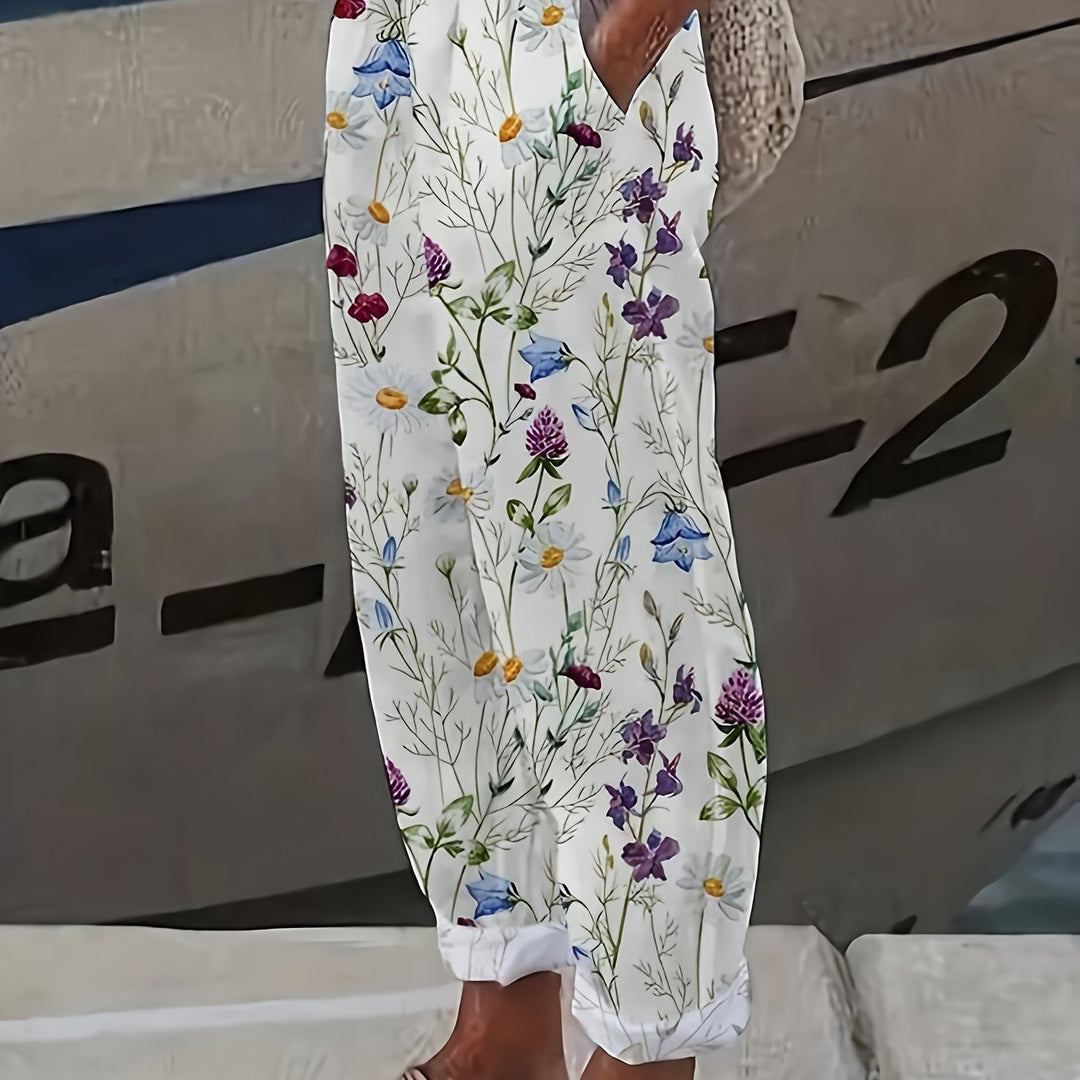 Cecilia | Women's Trousers Wildflower Print Tapered Elasticated Waist Summer Casual Pants