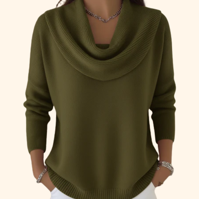 Woman wearing cowl neck knit sweater with relaxed fit