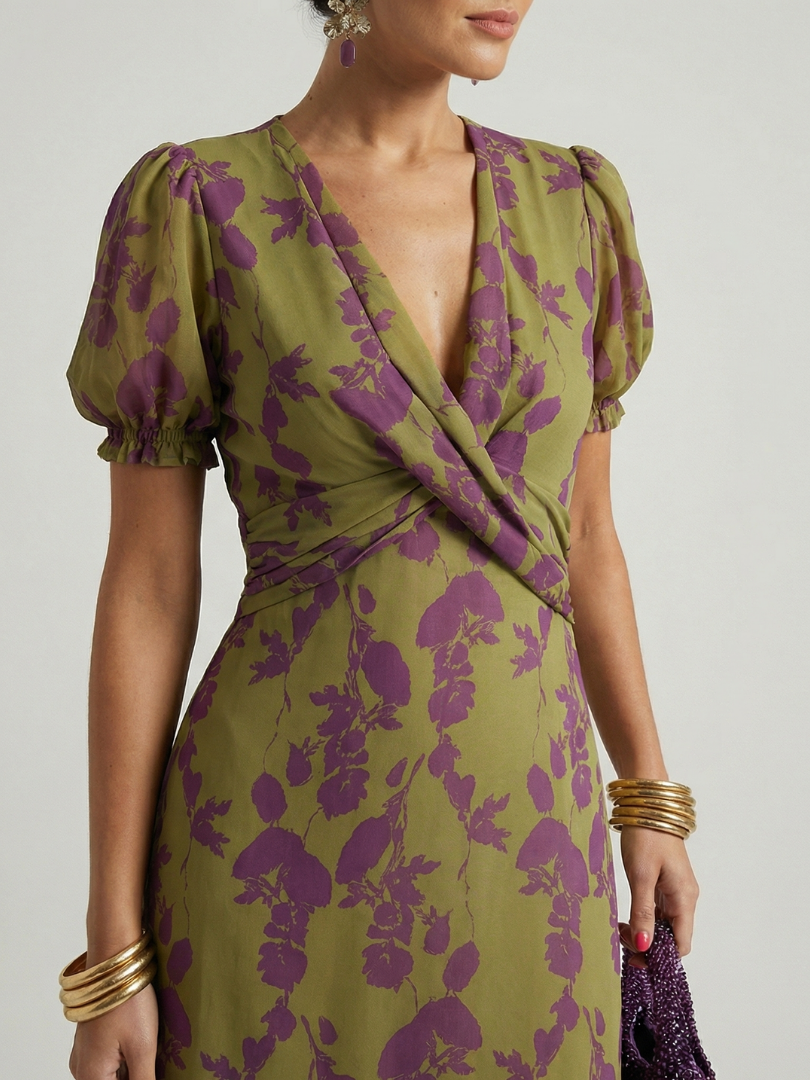 Violet | Floral Wrap Short-Sleeve Midi Dress