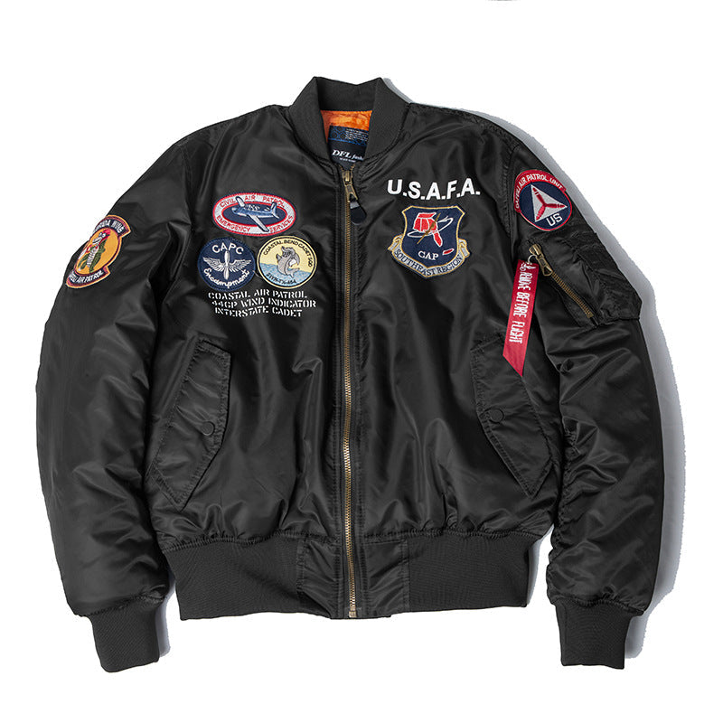 Men wearing loose fit zip front bomber jacket