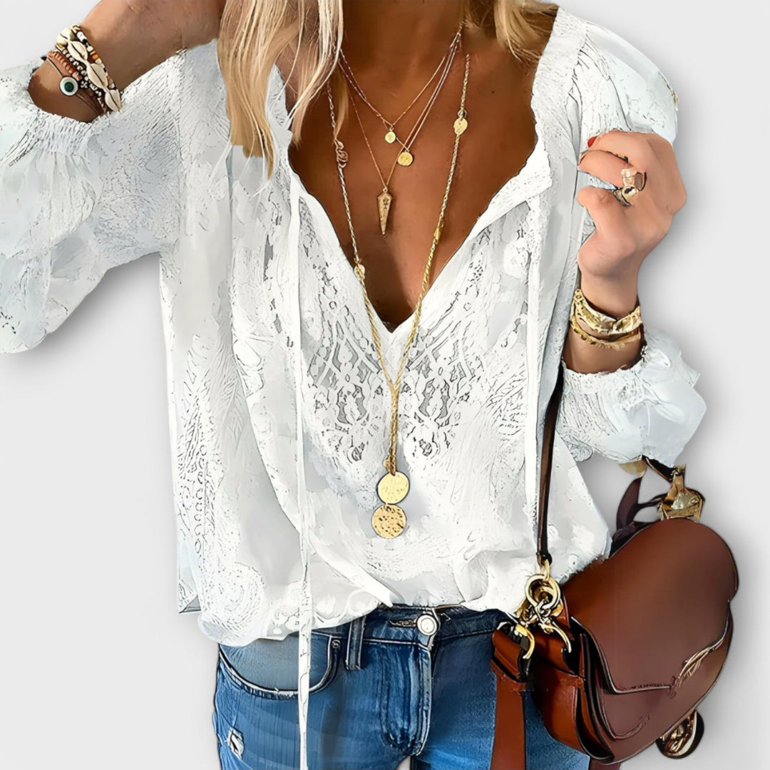 Fleur | Women's Blouse Tie Neck Draped Relaxed Fit Everyday Casual Top