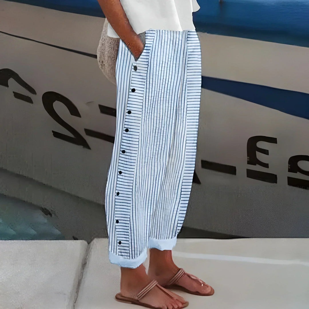 Kendall Women's Striped Wide-Leg Trousers Button Side Cropped Casual Pants