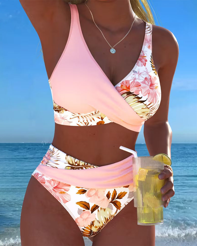 Vivienne Women's Two-Piece Bikini Floral Contrast Panel High Waist Swimwear