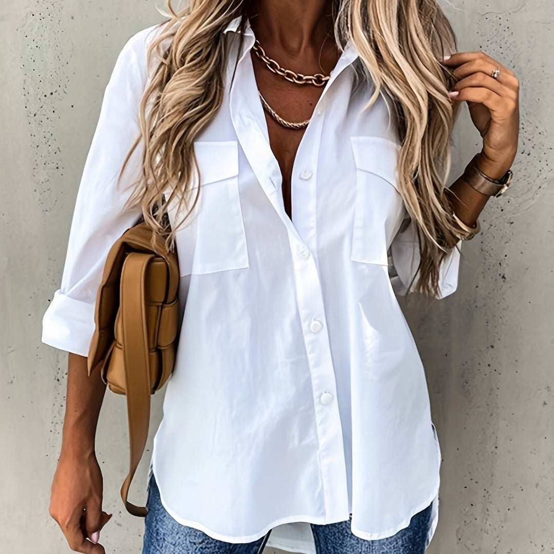 Katherine | Women's Shirt Button Front Chest Pocket Roll Sleeve Relaxed Fit Everyday Casual Top