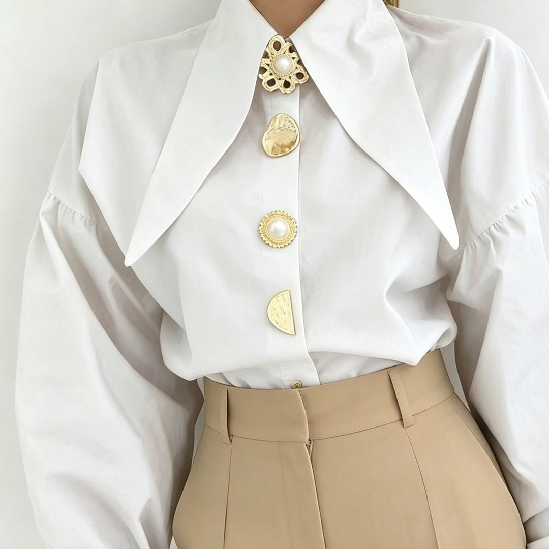 Lucille | Women's Blouse Statement Collar Button Front Relaxed Fit Everyday Casual Top