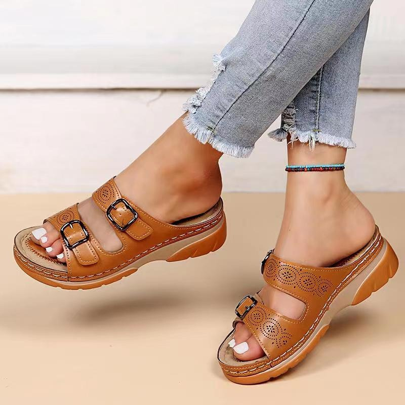 Genevieve | Women's Sandals Twin Buckle Slide Punched Detail Summer Casual Sandals
