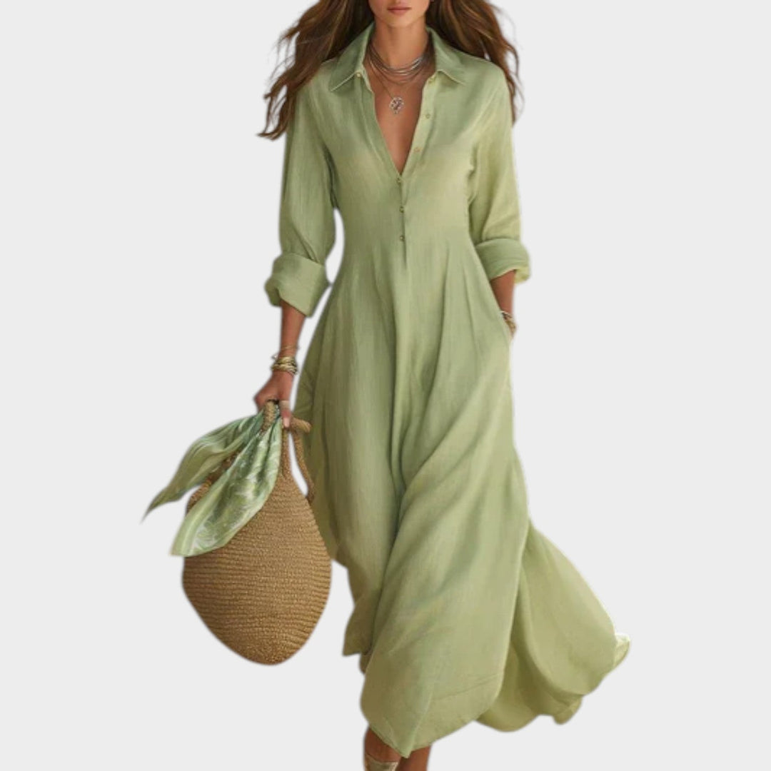 Woman wearing button-front maxi dress with long sleeves