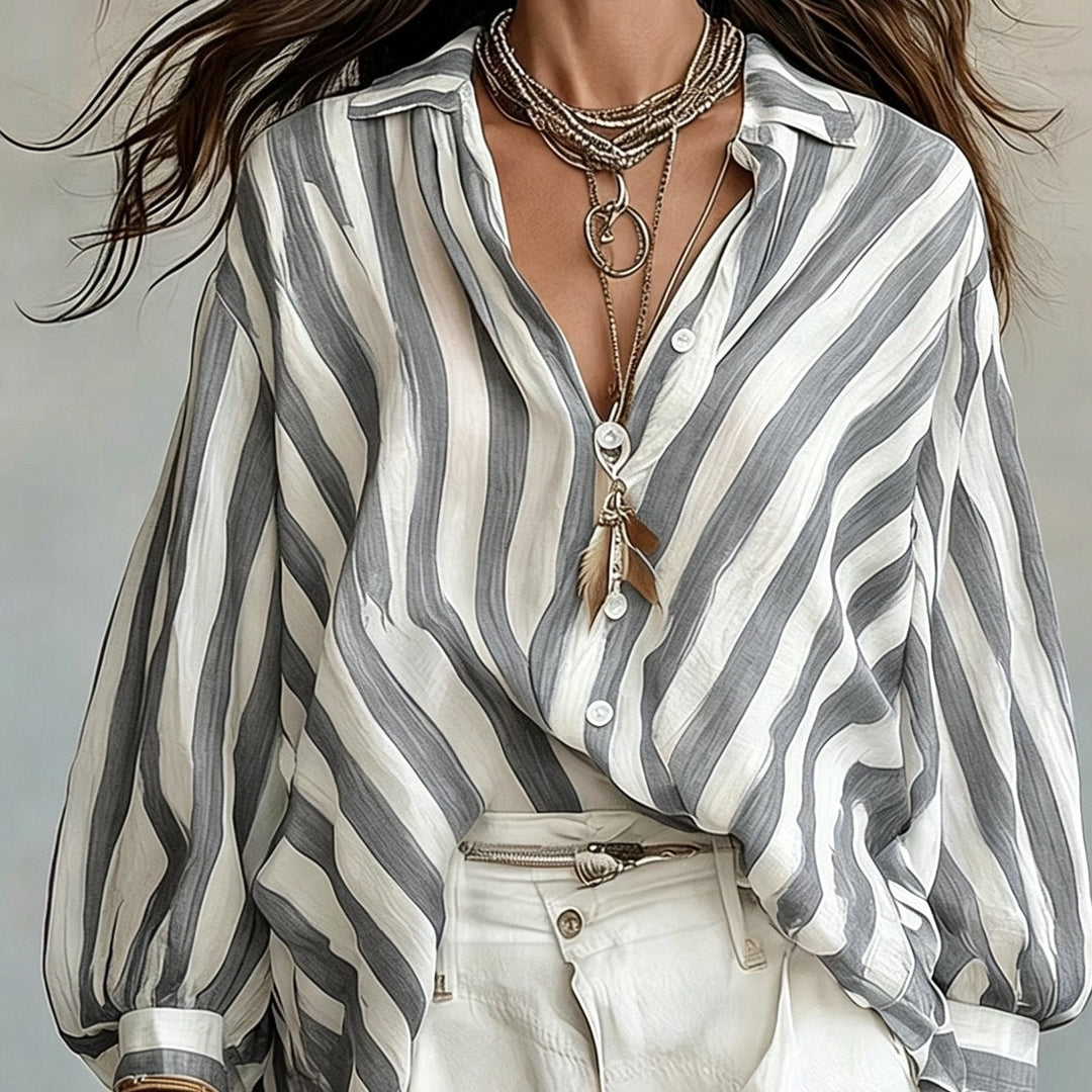 Noreen | Women's Shirt Striped Button Front Drop Shoulder Relaxed Fit Summer Casual Shirt