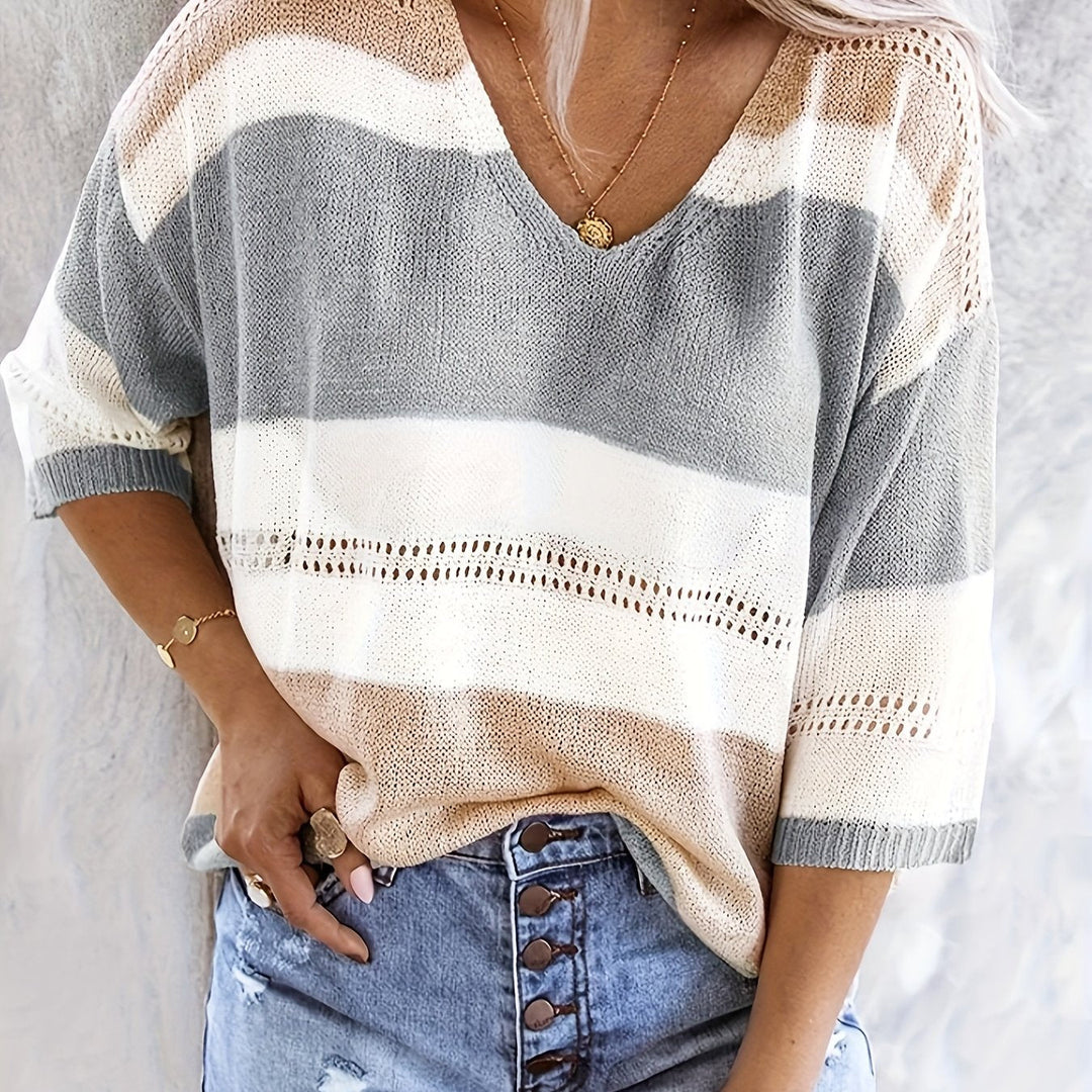 Margot | Women's Top Color Block Stripe V-Neck Drop Shoulder Relaxed Fit Everyday Casual Top