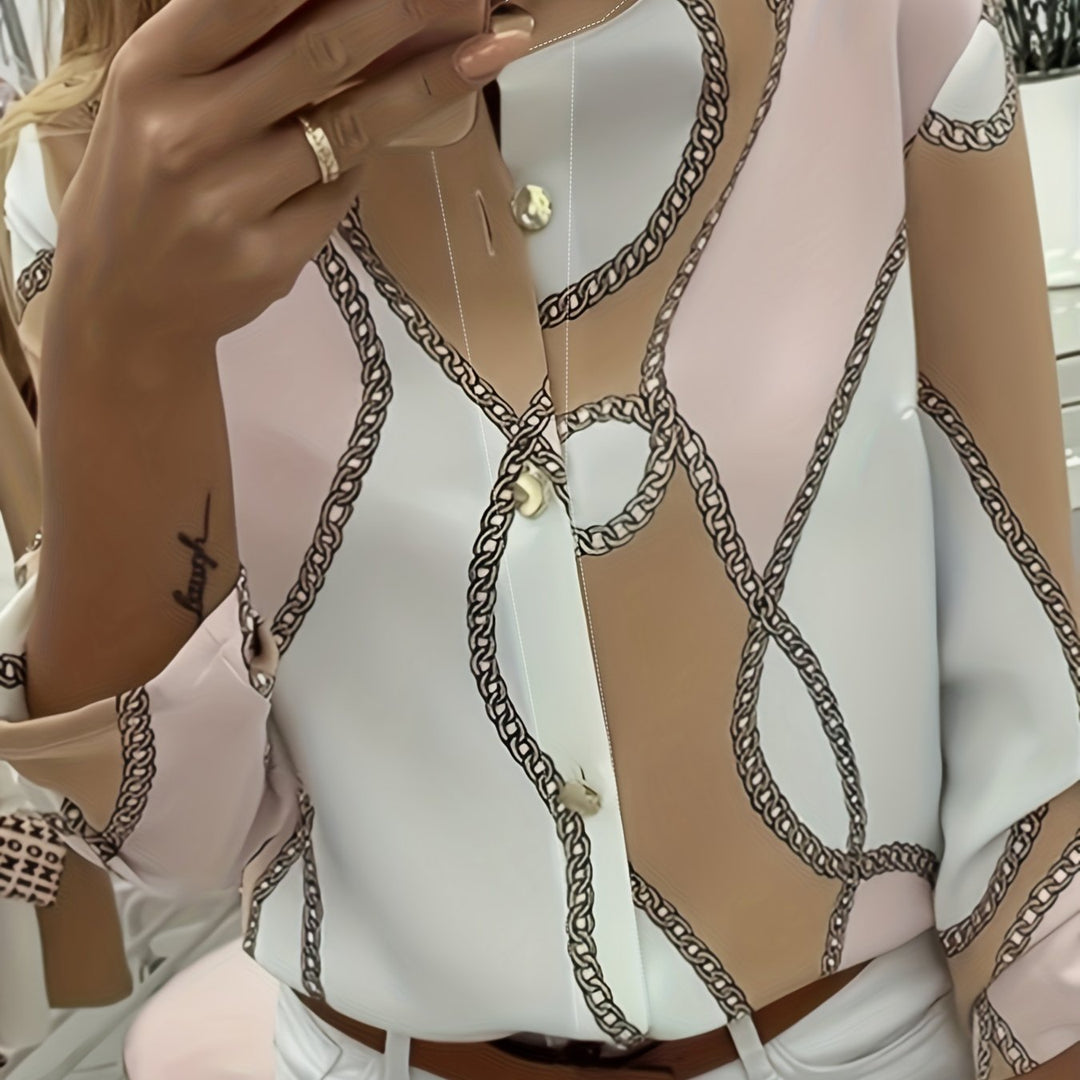 Ingrid | Women's Shirt Chain Print Collared Button Front Relaxed Fit Everyday Casual Top
