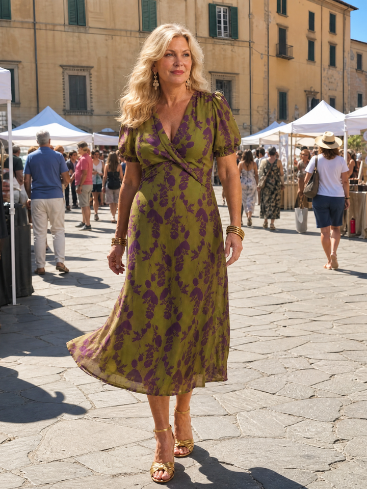Violet | Floral Wrap Short-Sleeve Midi Dress
