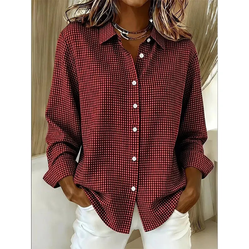 Woman wearing gingham check button-up blouse with long sleeves
