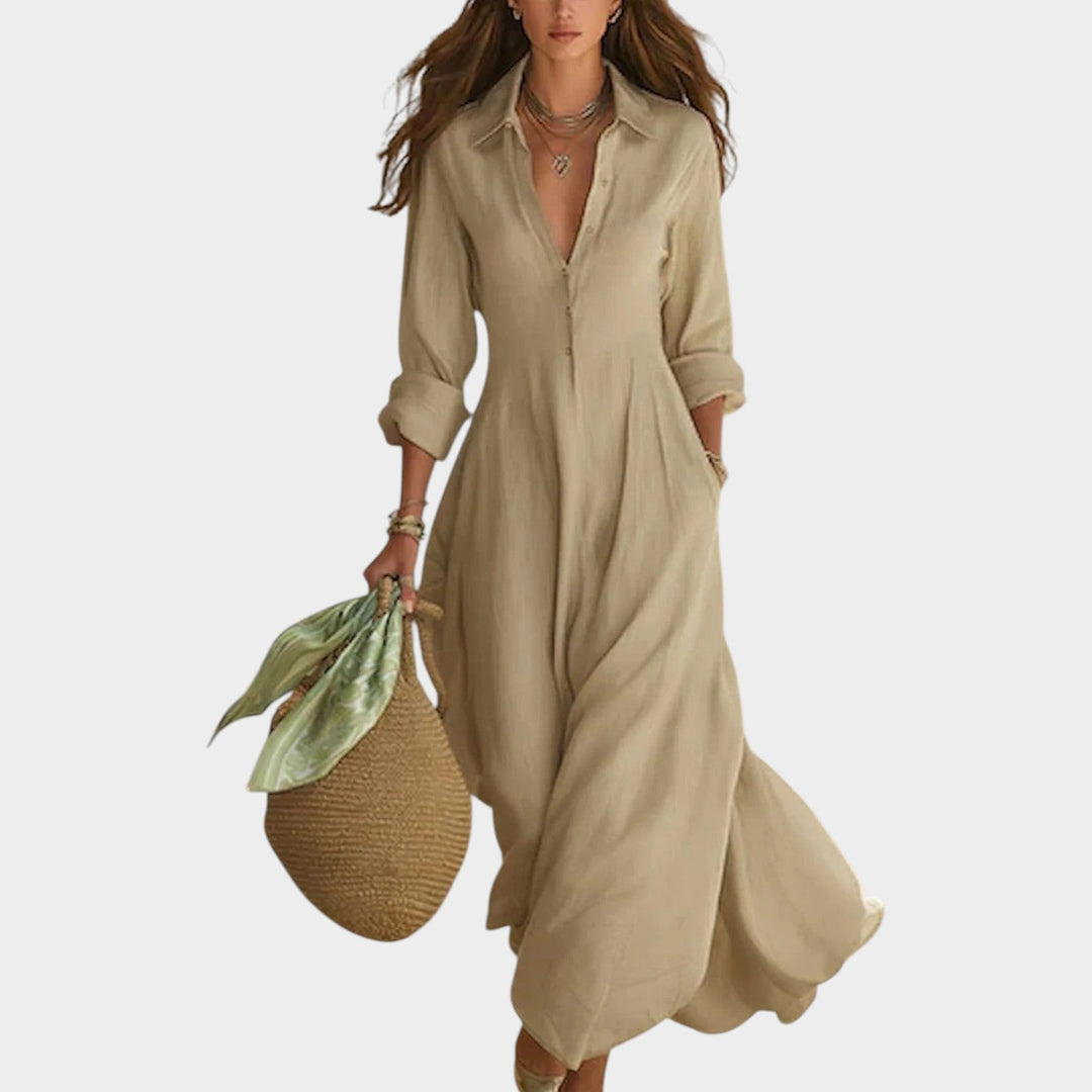 Woman wearing button-front maxi dress with long sleeves