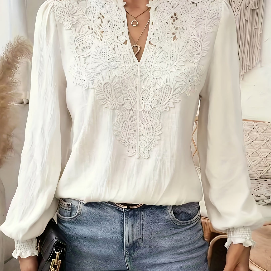 Delia | Women's Blouse Embroidered V-Neck Openwork Relaxed Fit Summer Casual Top