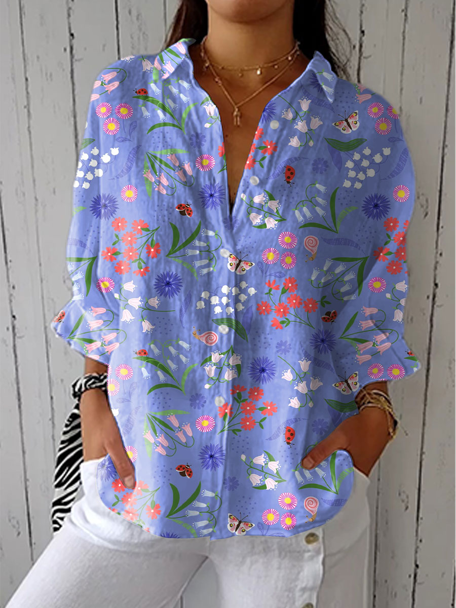Gloria | Women's Blouse Meadow Print Button Front Relaxed Fit Summer Casual Top
