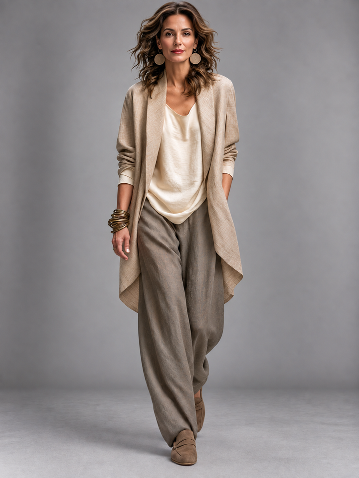 Woman wearing taupe three-piece wide leg pant set outdoors