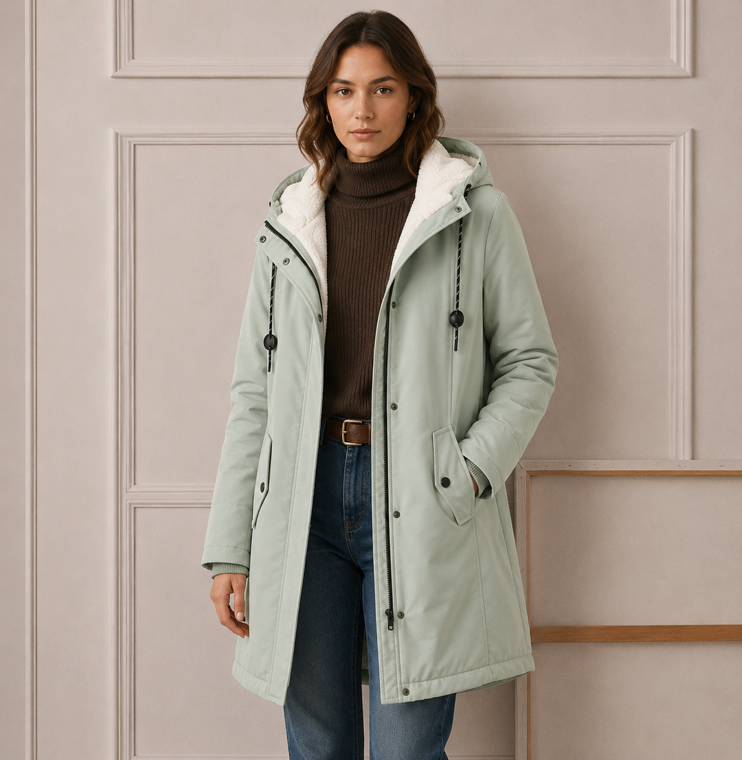 Woman wearing long quilted winter coat with hood outdoors