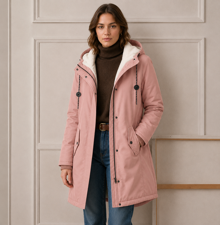 Woman wearing long quilted winter coat with hood outdoors