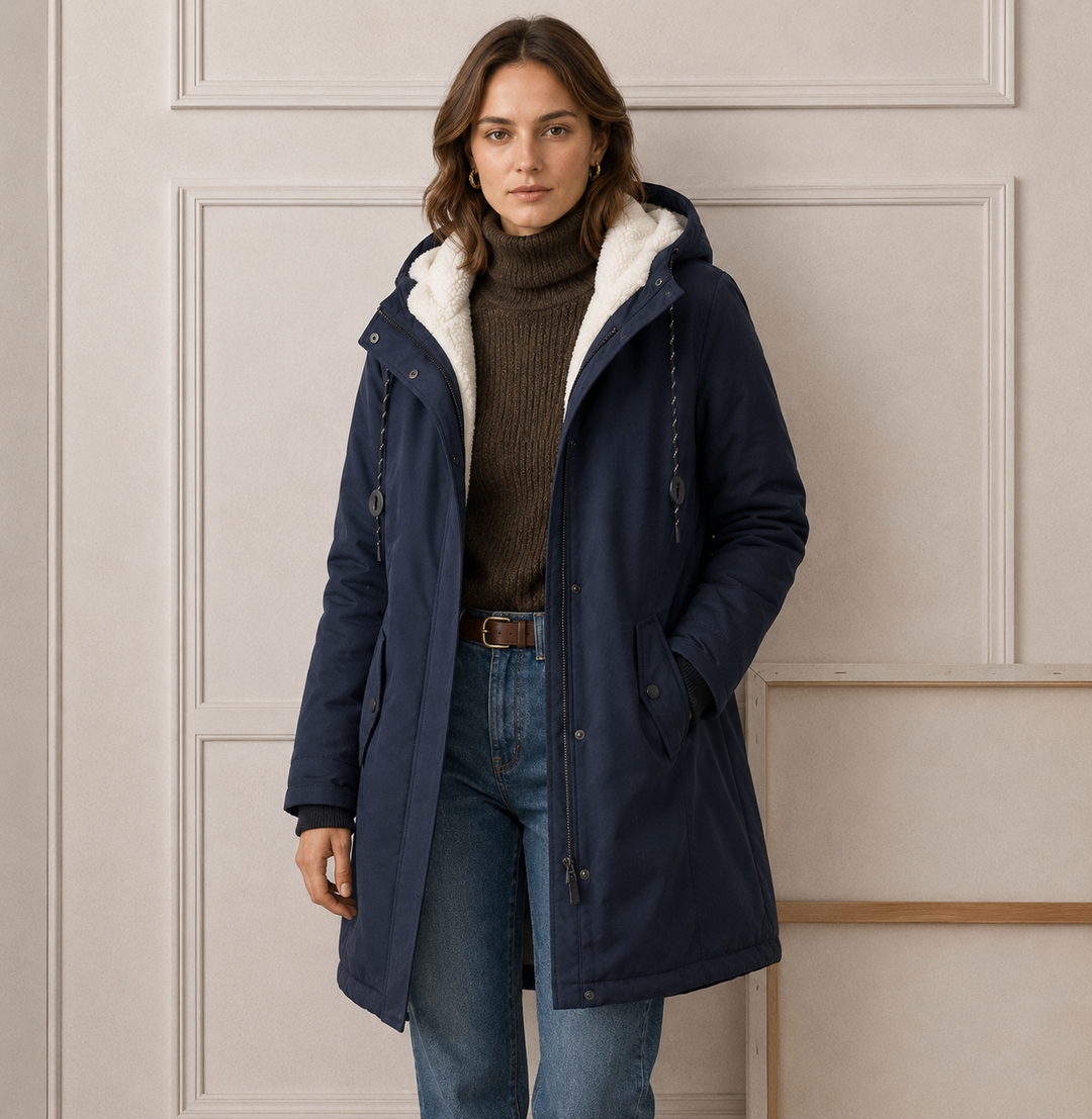 Woman wearing long quilted winter coat with hood outdoors