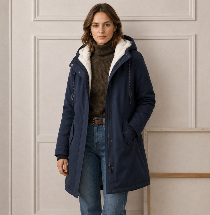 Woman wearing long quilted winter coat with hood outdoors